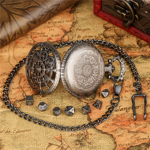 Cyber Gear Metal Dice Set – Retro Alloy RPG Dice with Vintage Pocket Watch Case (Antique Green & Antique Silver)