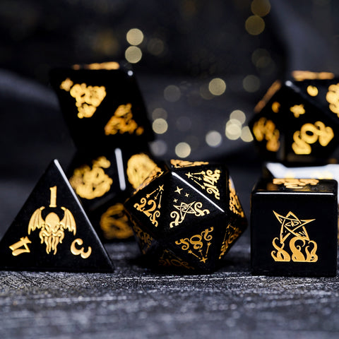 Obsidian Dice Set – Handcrafted Natural Black Gemstone RPG Dice with Gold Engraving for D&D, Pathfinder & Collectors
