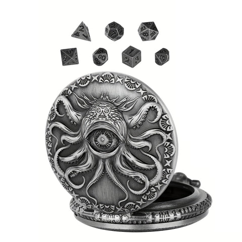 Evil Eye Cthulhu Metal Pocket Watch Dice Set – Antique Bronze & Silver Alloy RPG Dice with Vintage Case