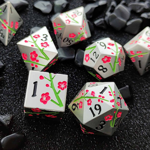 Plum Blossom Solid Metal Dice Set – Multiple Colors with Elegant Floral Design
