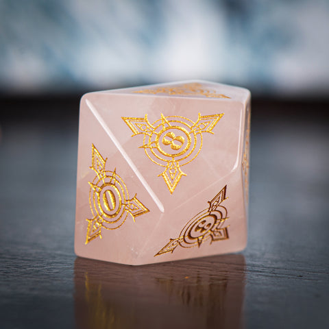 Rose Quartz Dice Set – Handcrafted Natural Pink Gemstone RPG Dice with Gold Engravings for D&D, Pathfinder & Collectors