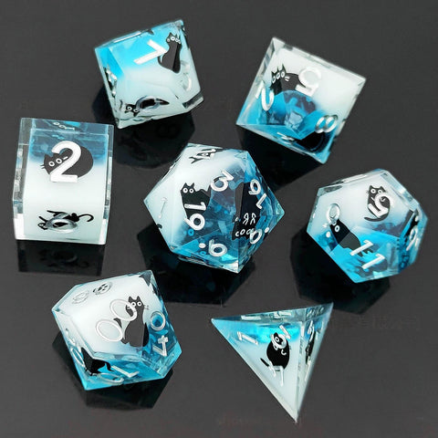 Resin Dice Set with Cat, Butterfly, Volcano, Dragon Egg & Graffiti Designs – Colorful Embedded Dice  Fluorescent Styles for DND & RPG Games