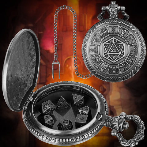 Wheel of Fate Metal Pocket Watch Dice Set – Antique Bronze & Silver Alloy RPG Dice with Vintage Case