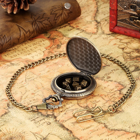 Dragon Totem Metal Pocket Watch Dice Set – Antique Bronze & Silver Alloy RPG Dice with Vintage Case