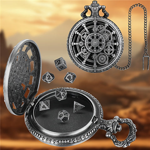 Cyber Gear Metal Dice Set – Retro Alloy RPG Dice with Vintage Pocket Watch Case (Antique Green & Antique Silver)