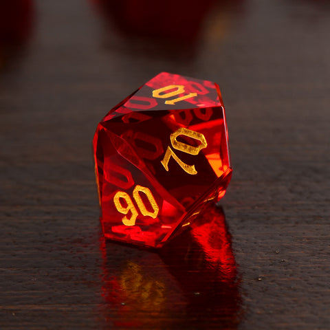 Faceted Red Glass Dice Set – Handcrafted K9 Crystal RPG Dice with Golden Engravings for Dungeons & Dragons & Collectors