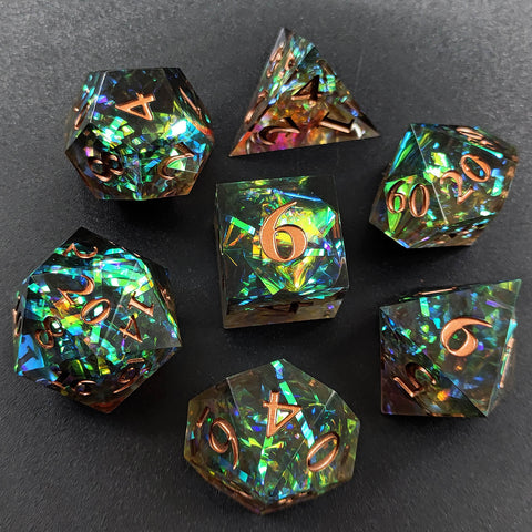 Resin Polyhedral Dice Set – Transparent Color Dice in Skull, Foil, Flower, Poker, Dual-Tone & Heart Styles for DND, Pathfinder, Tabletop Games