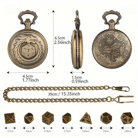 Evil Dragon Metal Pocket Watch Dice Set – Antique Bronze Alloy RPG Dice with Vintage Case