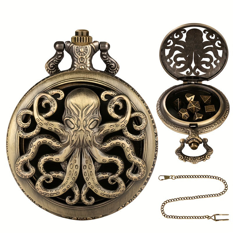 Lord of the Deep Metal Pocket Watch Dice Set – Antique Bronze & Silver Alloy RPG Dice with Vintage Case