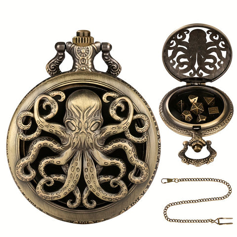 Lord of the Deep Metal Pocket Watch Dice Set – Antique Bronze & Silver Alloy RPG Dice with Vintage Case