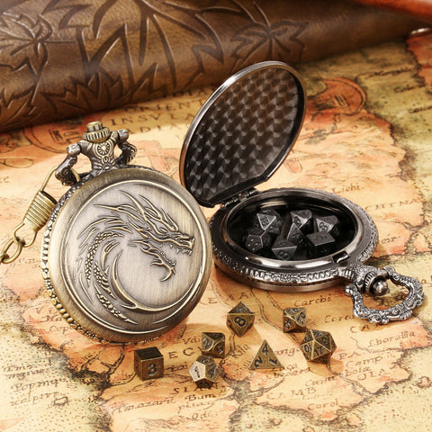 Dragon Totem Metal Pocket Watch Dice Set – Antique Bronze & Silver Alloy RPG Dice with Vintage Case