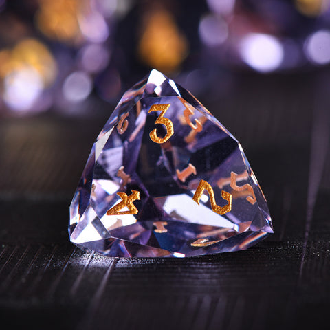 Faceted Purple Glass Dice Set – Handcrafted K9 Crystal RPG Dice with Golden Engravings for Dungeons & Dragons & Collectors