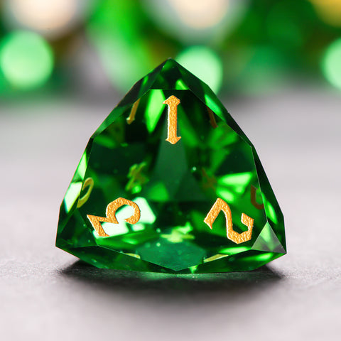 Faceted Green Glass Dice Set – Handcrafted K9 Crystal RPG Dice with Golden Engravings for Dungeons & Dragons & Collectors