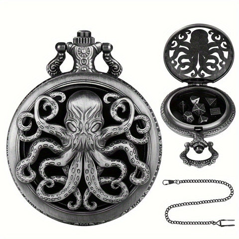 Lord of the Deep Metal Pocket Watch Dice Set – Antique Bronze & Silver Alloy RPG Dice with Vintage Case