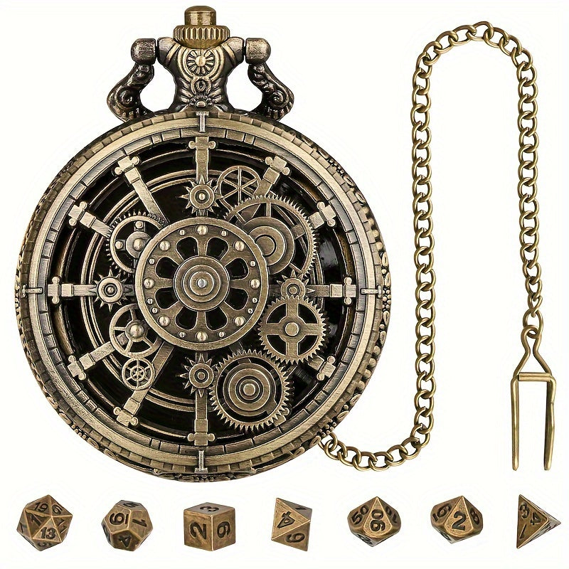 Cyber Gear Metal Dice Set – Retro Alloy RPG Dice with Vintage Pocket Watch Case (Antique Green & Antique Silver)