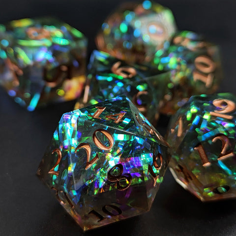 Resin Polyhedral Dice Set – Transparent Color Dice in Skull, Foil, Flower, Poker, Dual-Tone & Heart Styles for DND, Pathfinder, Tabletop Games