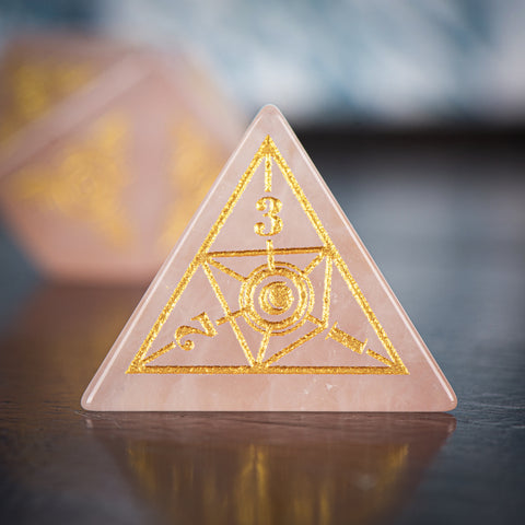 Rose Quartz Dice Set – Handcrafted Natural Pink Gemstone RPG Dice with Gold Engravings for D&D, Pathfinder & Collectors
