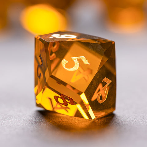 Faceted Yellow Glass Dice Set – Handcrafted K9 Crystal RPG Dice with Golden Engravings for Dungeons & Dragons & Collectors