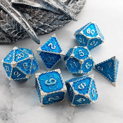 Duskrage Copper Metal Solid Dice Set with Winged Dragon Engraving – Multiple Colors Available