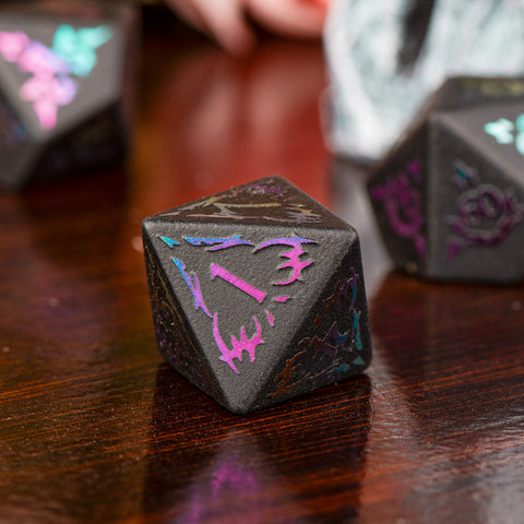 Heart of the Dragon’s Shadow Obsidian Dice Set – Handcrafted Natural Black Gemstone RPG Dice with Iridescent Engravings for D&D, Pathfinder & Collectors