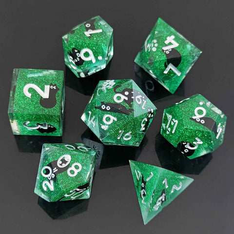 Resin Dice Set with Cat, Butterfly, Volcano, Dragon Egg & Graffiti Designs – Colorful Embedded Dice  Fluorescent Styles for DND & RPG Games