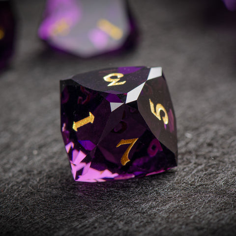 Faceted Deep Purple Glass Dice Set – Handcrafted K9 Crystal RPG Dice with Golden Engravings for Dungeons & Dragons