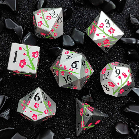Plum Blossom Solid Metal Dice Set – Multiple Colors with Elegant Floral Design