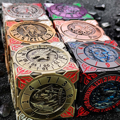 Cube of Legends 7‑in‑1 Rotating Metal Dice Cube – Dragon, Skull & Mythical Engravings, Multiple Color Options