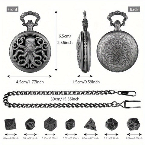 Lord of the Deep Metal Pocket Watch Dice Set – Antique Bronze & Silver Alloy RPG Dice with Vintage Case