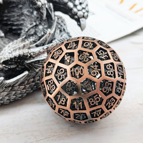Solid Copper D100 Dice – 100-Sided Metal Dice in Bloodstain, Iridescent, Antique Red Bronze & Antique Green Bronze for DND & RPG Tabletop Games