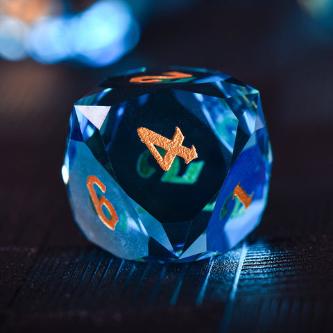 Faceted Blue Glass Dice Set – Handcrafted K9 Crystal RPG Dice with Golden Engravings for Dungeons & Dragons & Collectors