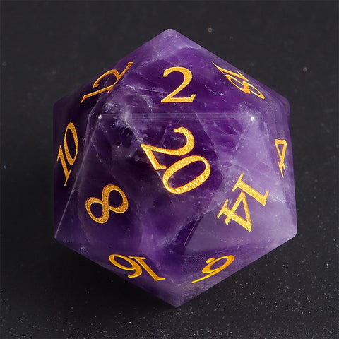 Natural Amethyst Dice Set with Gold Engraved Numbers – Premium Crystal Polyhedral Dice for DnD, Pathfinder, TTRPG, and Collectors