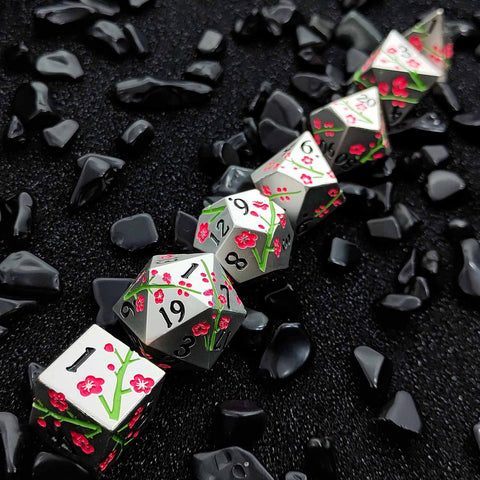 Plum Blossom Solid Metal Dice Set – Multiple Colors with Elegant Floral Design