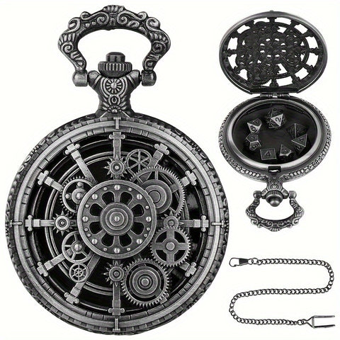 Cyber Gear Metal Dice Set – Retro Alloy RPG Dice with Vintage Pocket Watch Case (Antique Green & Antique Silver)