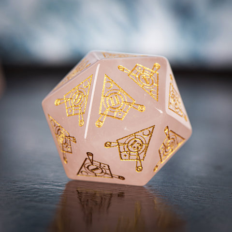 Rose Quartz Dice Set – Handcrafted Natural Pink Gemstone RPG Dice with Gold Engravings for D&D, Pathfinder & Collectors