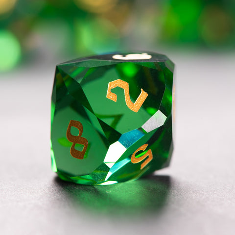 Faceted Green Glass Dice Set – Handcrafted K9 Crystal RPG Dice with Golden Engravings for Dungeons & Dragons & Collectors