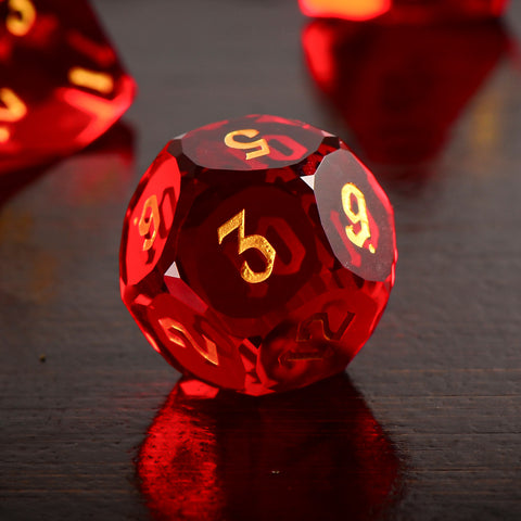 Faceted Red Glass Dice Set – Handcrafted K9 Crystal RPG Dice with Golden Engravings for Dungeons & Dragons & Collectors