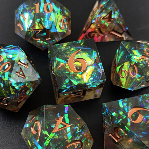 Resin Polyhedral Dice Set – Transparent Color Dice in Skull, Foil, Flower, Poker, Dual-Tone & Heart Styles for DND, Pathfinder, Tabletop Games