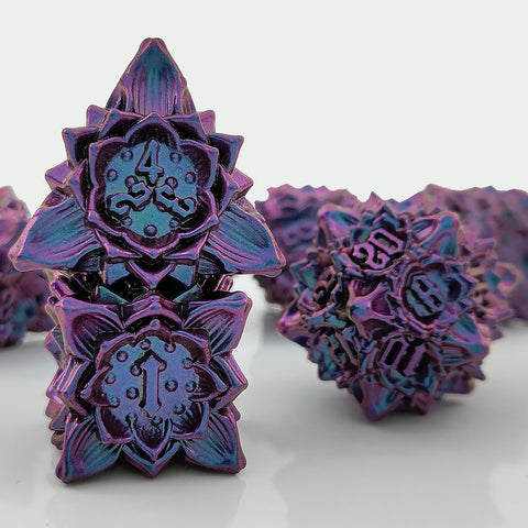 Lotus Blossom Metal Dice Set – Multiple Color Options in Elegant Lotus Design