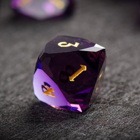 Faceted Deep Purple Glass Dice Set – Handcrafted K9 Crystal RPG Dice with Golden Engravings for Dungeons & Dragons