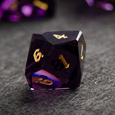 Faceted Deep Purple Glass Dice Set – Handcrafted K9 Crystal RPG Dice with Golden Engravings for Dungeons & Dragons