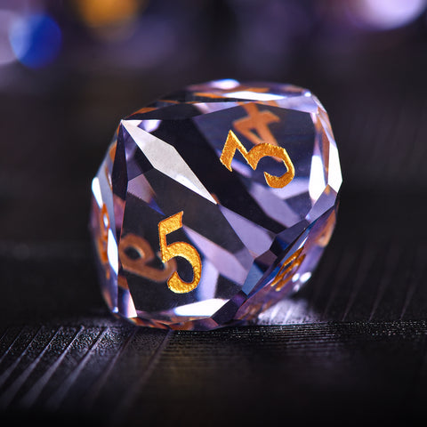 Faceted Purple Glass Dice Set – Handcrafted K9 Crystal RPG Dice with Golden Engravings for Dungeons & Dragons & Collectors
