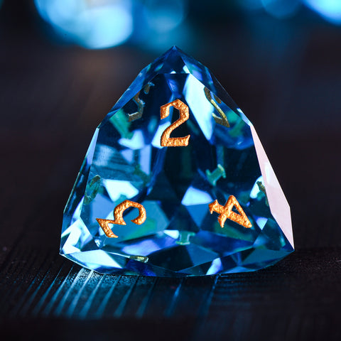 Faceted Blue Glass Dice Set – Handcrafted K9 Crystal RPG Dice with Golden Engravings for Dungeons & Dragons & Collectors