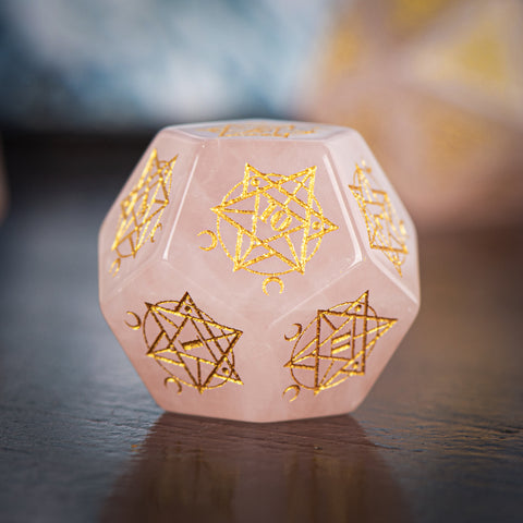 Rose Quartz Dice Set – Handcrafted Natural Pink Gemstone RPG Dice with Gold Engravings for D&D, Pathfinder & Collectors