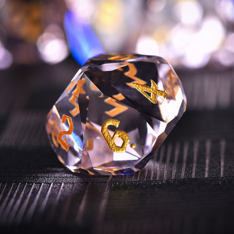 Faceted Pink Glass Dice Set – Handcrafted K9 Crystal RPG Dice with Golden Engravings for Dungeons & Dragons & Collectors