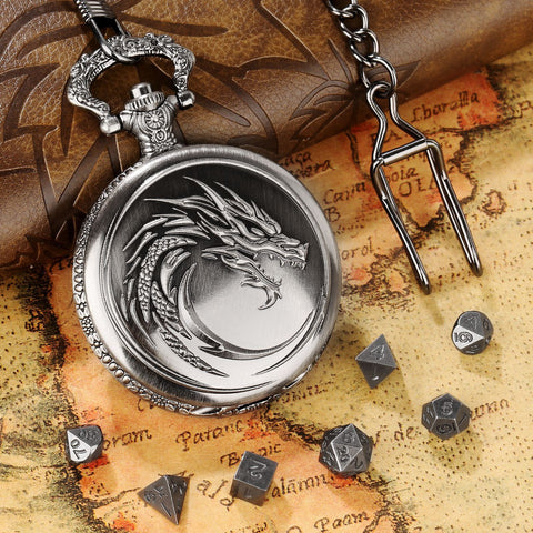 Dragon Totem Metal Pocket Watch Dice Set – Antique Bronze & Silver Alloy RPG Dice with Vintage Case