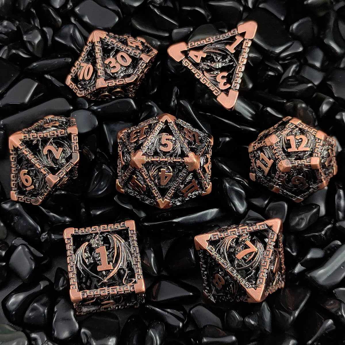 Ravethorn Copper Hollow Dice Set – Antique Gold & Aged Red Copper RPG Dice