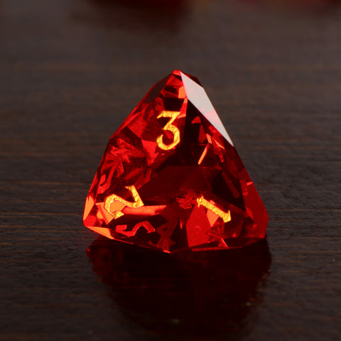 Faceted Red Glass Dice Set – Handcrafted K9 Crystal RPG Dice with Golden Engravings for Dungeons & Dragons & Collectors