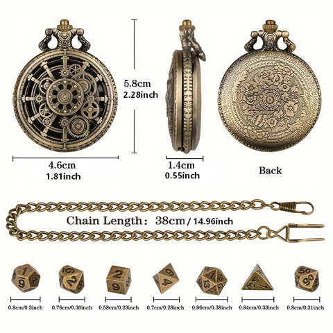 Cyber Gear Metal Dice Set – Retro Alloy RPG Dice with Vintage Pocket Watch Case (Antique Green & Antique Silver)