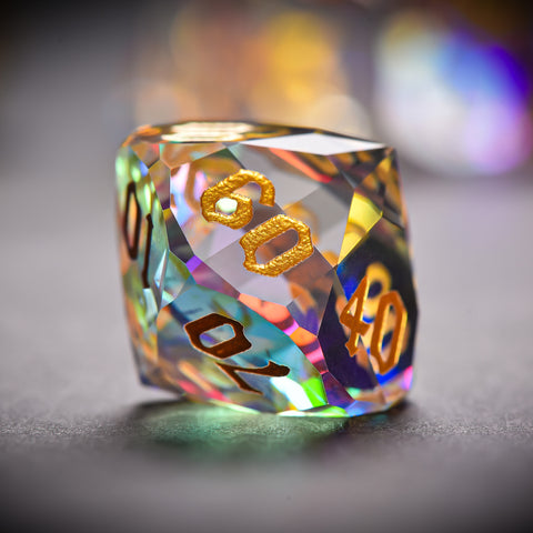 Iridescent Prism Glass Dice Set – Handcrafted Multi-Faceted K9 Glass RPG Dice for D&D, Pathfinder & Collectors